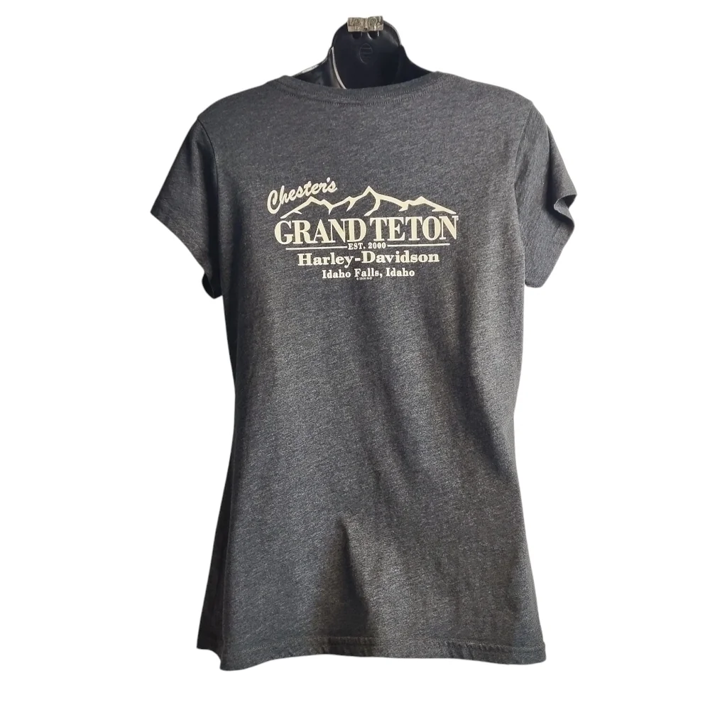 Harley-Davidson Women's Gray V-Neck  Embellished Cross Shortsleeve T-shirt Sz L